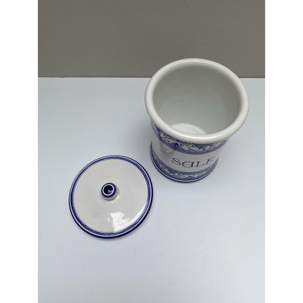 Italian Pottery Ceramic Salt Keeper Lidded Cannister Jar BLUE & WHITE Italy - Picture 4 of 6